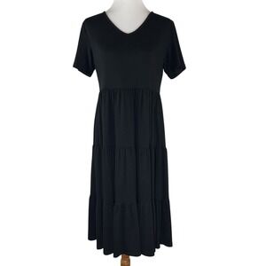 Berydress Short Sleeve Midi Tiered V-neck Dress Comfort Black Womens L